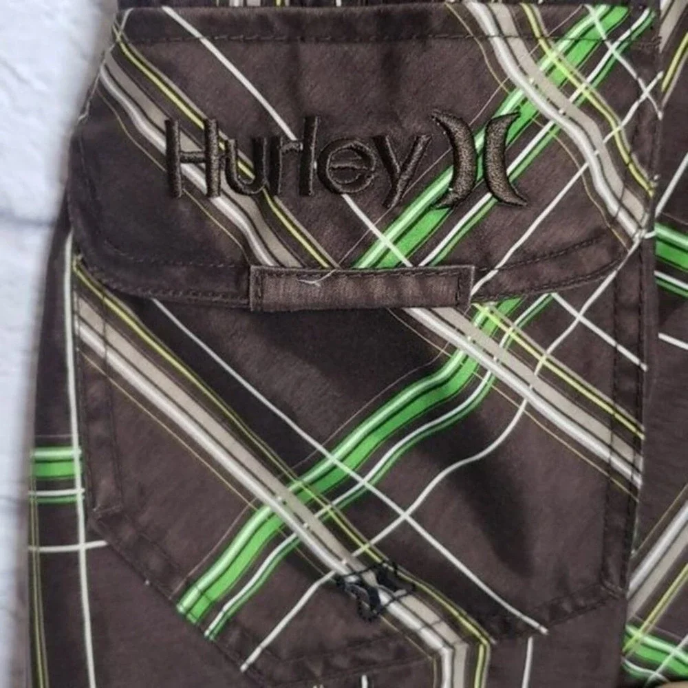 Boys Hurley Board Shorts Brown Green Plaid Size 12